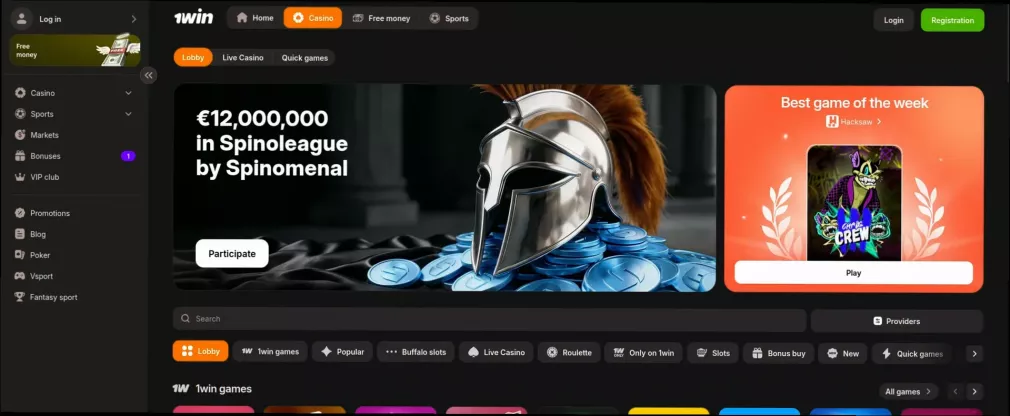 1win Casino 100% up to 700 CAD + 70 Free Spins bonus banner